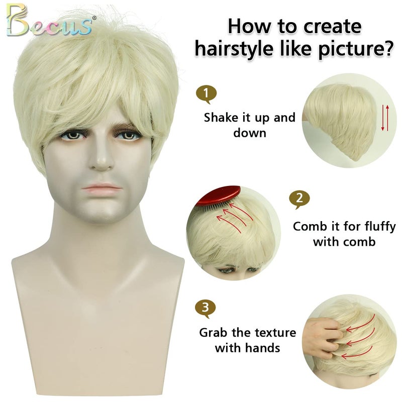 BECUS Wigs Blonde Wig Men Short Platinum Blonde Wig with Bangs Short Wigs Straight Synthetic Cosplay for Halloween Rockstar Anime Party (8 in) - Image 3